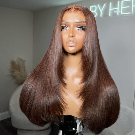 Hairstylist Works Layer Cut Chocolate Brown Colored 13x6 Lace Front Wig 6x5 Ready To Go Human Hair Wigs