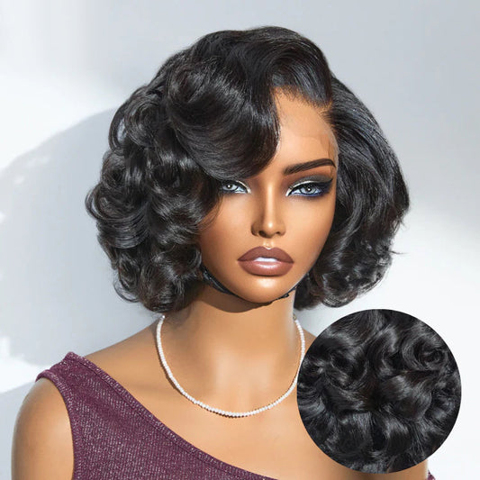 Side Part Roman Curls Bob Wigs Human Hair Glueless Lace Wig Lady Wig-070