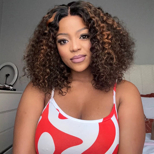 Highlight Brown Jerry Curly Colored Glueless Lace Wigs Human Hair Ready To Wear