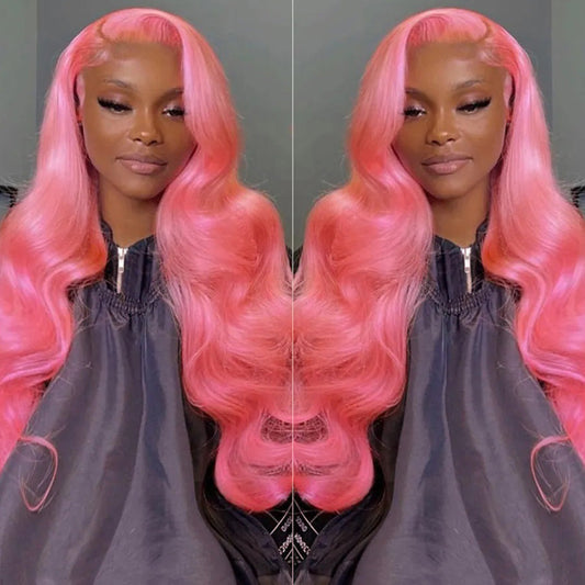 210% Density Customized Colored Pink Wigs Human Hair HD Transparent 13x6 Lace Front Wigs Brazilian Body Wave