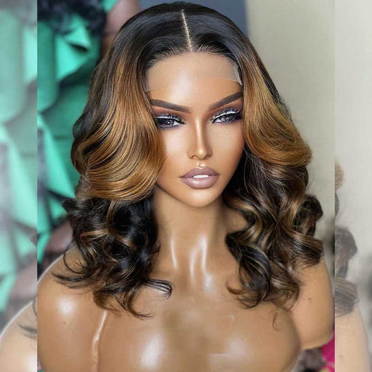 Hairstylist Works 14 Inch Elegant Short Wigs Ombre Highlight Blonde Colored Human Hair Wigs