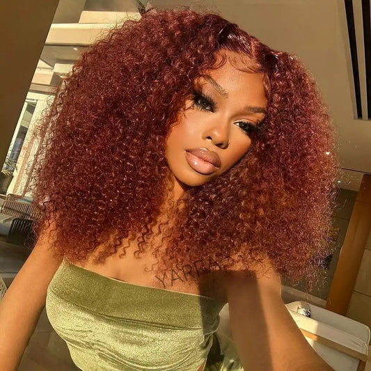 Premium 10A 210% Density 13x6 HD Transparent Lace Front 6x5 Glueless Curly Human Hair Wigs 33# Auburn Reddish Brown Colored Wigs