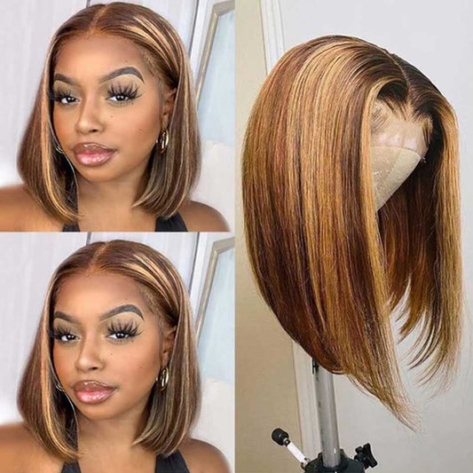 Highlight Colored Short Bob 6x5 Wear And Go Glueless Lace Wig Straight 13x6 Lace Front Human Hair Wigs 210% Density