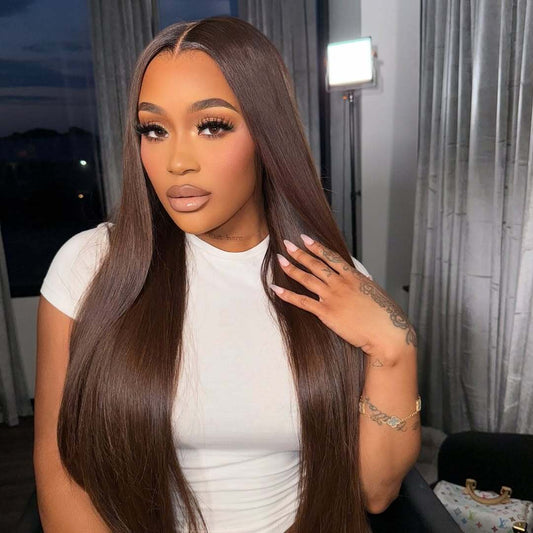 Premium 10A 210% Density Undetectable HD Lace Chocolate Brown Colored Human Hair Wigs Straight