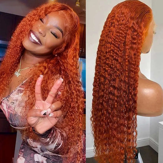 Premium 10A 210% Density Ginger Orange Colored 13x6 Lace Front Closure Wig 6x5 Glueless Ready To Go Curly Human Hair Wigs
