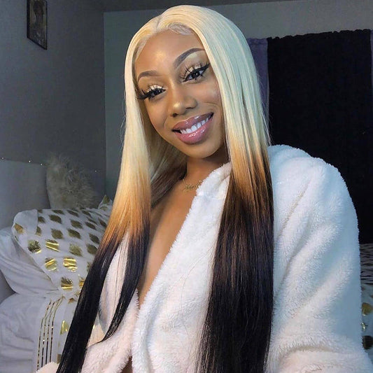 Customized Ombre 613 Blonde Brown Colored 13x6 Transparent HD Lace Front Human Hair Wig