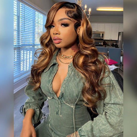 Premium 10A 210% Density Black Roots Ombre Highlight Blonde P4/27# 6x5 Lace Glueless Wig 13x6 Lace Front Human hair Wigs Body Wave