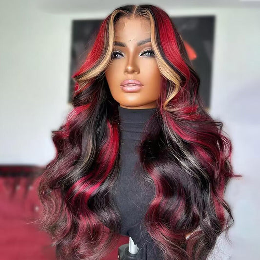 Highlight Honey Blonde With Red Colored 13x6 Lace Front Closure Wig 5x5 Ready To Go Human Hair Wigs Brazilian Body Wave