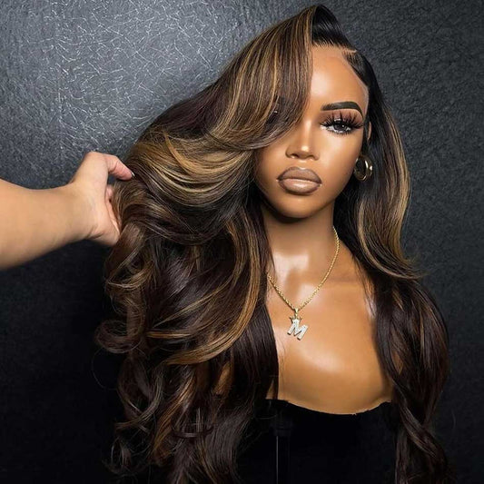 Premium 10A 210% Density Ombre Black Roots Highlight Brown Color 13x6 Lace Front Wig 6x5 Glueless Ready To Go Human Hair Wigs