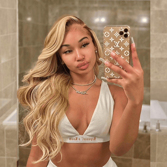 250% Density Professional Toned Brown Root Highlight Honey Blonde Colored HD Transparent 13x6 Lace Front Human Hair Wig Body Wave