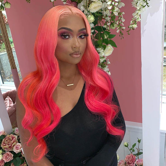 Ombre Pink With Rose Red HD Transparent 13x6 Lace Front Human Hair Wig Body Wave
