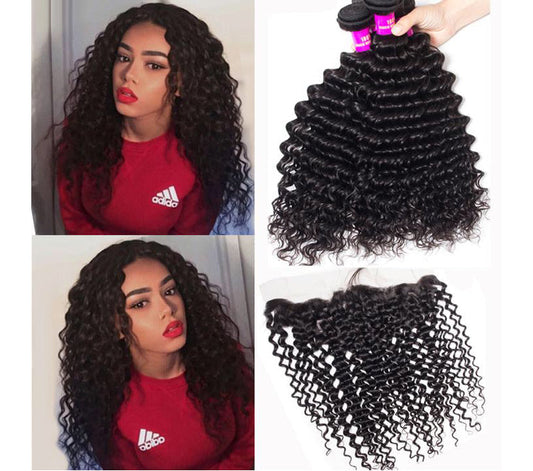 10A Deep Wave Human Hair 3 Bundles With 13x4 Full Frontal Lace 100% Remy Human Hair