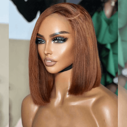 Elegant Asymmetric Short Straight Ginger Colored Human Hair Bob Wigs