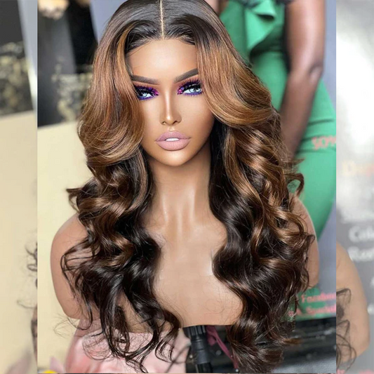 Hairstylist Works 250% Double Drawn Luxurious Highlight Brown Colored Glueless Human Hair Wigs Body Wave