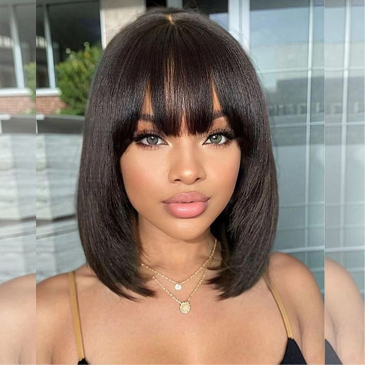 Bob Wigs With Bang Slightly Layered Cut Glueless Lace Human Hair Bob Wigs