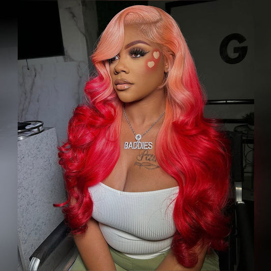 250% Density Professional Toned Ombre Pink With Red HD Transparent 13x6 Lace Front Human Hair Wig Body Wave