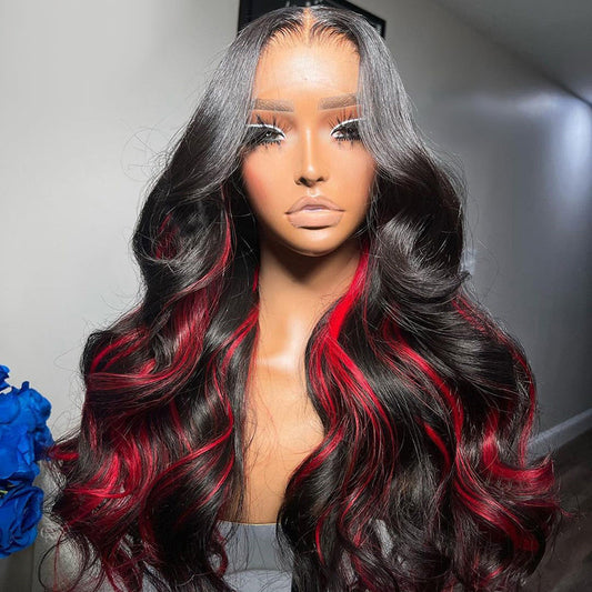 Premium 10A 210% Density Highlight 1B/Red HD Transparent 13x6 Lace Front Wig 6x5 Glueless Ready Go Human Hair Wig