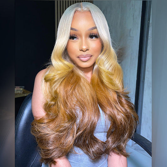 Professional Toned Platinum Blonde Three Tone Colored 250% Density HD Transparent 13x6 Lace Human Hair Wigs Body Wave