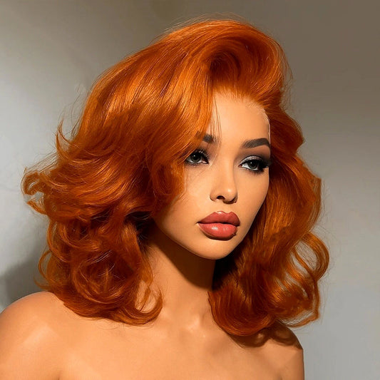 Orange Ginger Colored Short Wavy Glueless Human Hair Bob Wigs