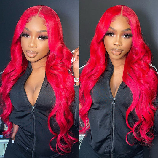 Flower Red Color HD Transparent 13x6 Lace Front Human Hair Wig