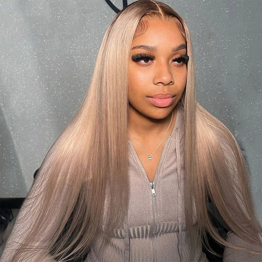 250% Density Professional Toned Ash Blonde Colored HD Transparent 13x6 Lace Front Human Hair Wigs With Dark Roots