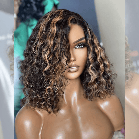 Hairstylist Works Elegant 1B/27# Highlight Short Deep Wave Bob Wigs Side Part Colored Human Hair Wigs