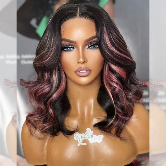Highlight Pink Colored 13x6 Lace Front Bob Wigs Human Hair