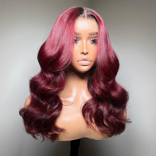 250% Density 99J Burgundy Lace Wigs With Dark Roots Very Full And Bouncy