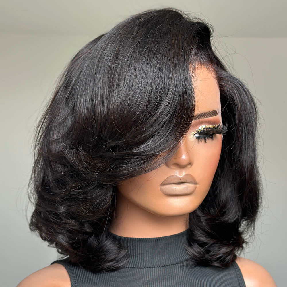 Trendy Side Part Layered Cut Blowout Bob Glueless Lace Wig-012