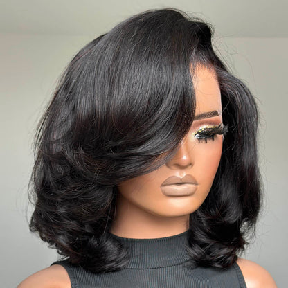 Trendy Side Part Layered Cut Blowout Bob Glueless Lace Wig-012