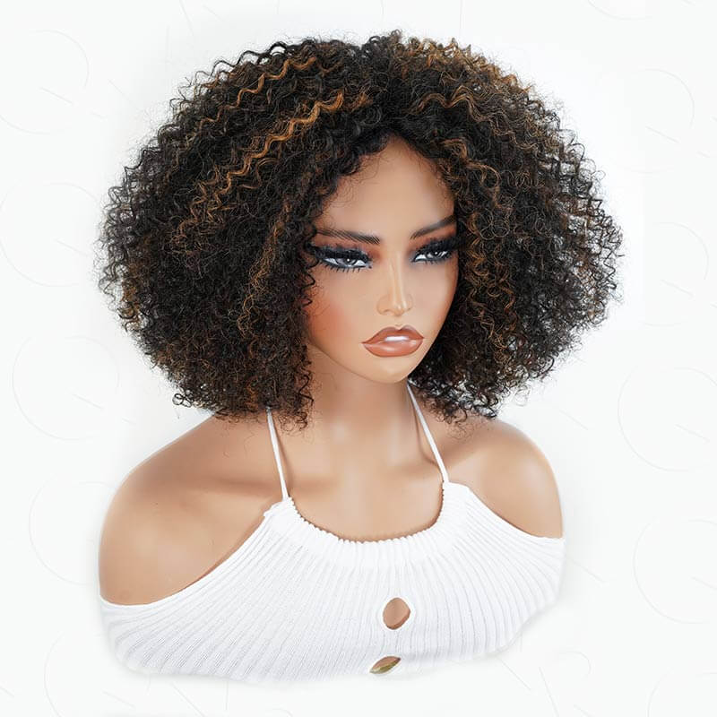 Natural Curly Highlight Brown Colored Seamless V-Part Wig-051
