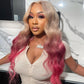 Ombre Platinum Blonde With Rose Pink HD Transparent 13x6 Lace Front Human Hair Wig Body Wave