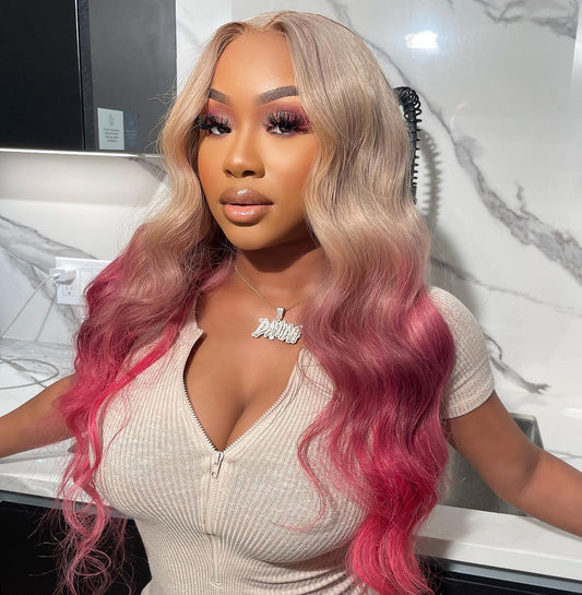Ombre Platinum Blonde With Rose Pink HD Transparent 13x6 Lace Front Human Hair Wig Body Wave