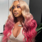 Ombre Platinum Blonde With Rose Pink HD Transparent 13x6 Lace Front Human Hair Wig Body Wave