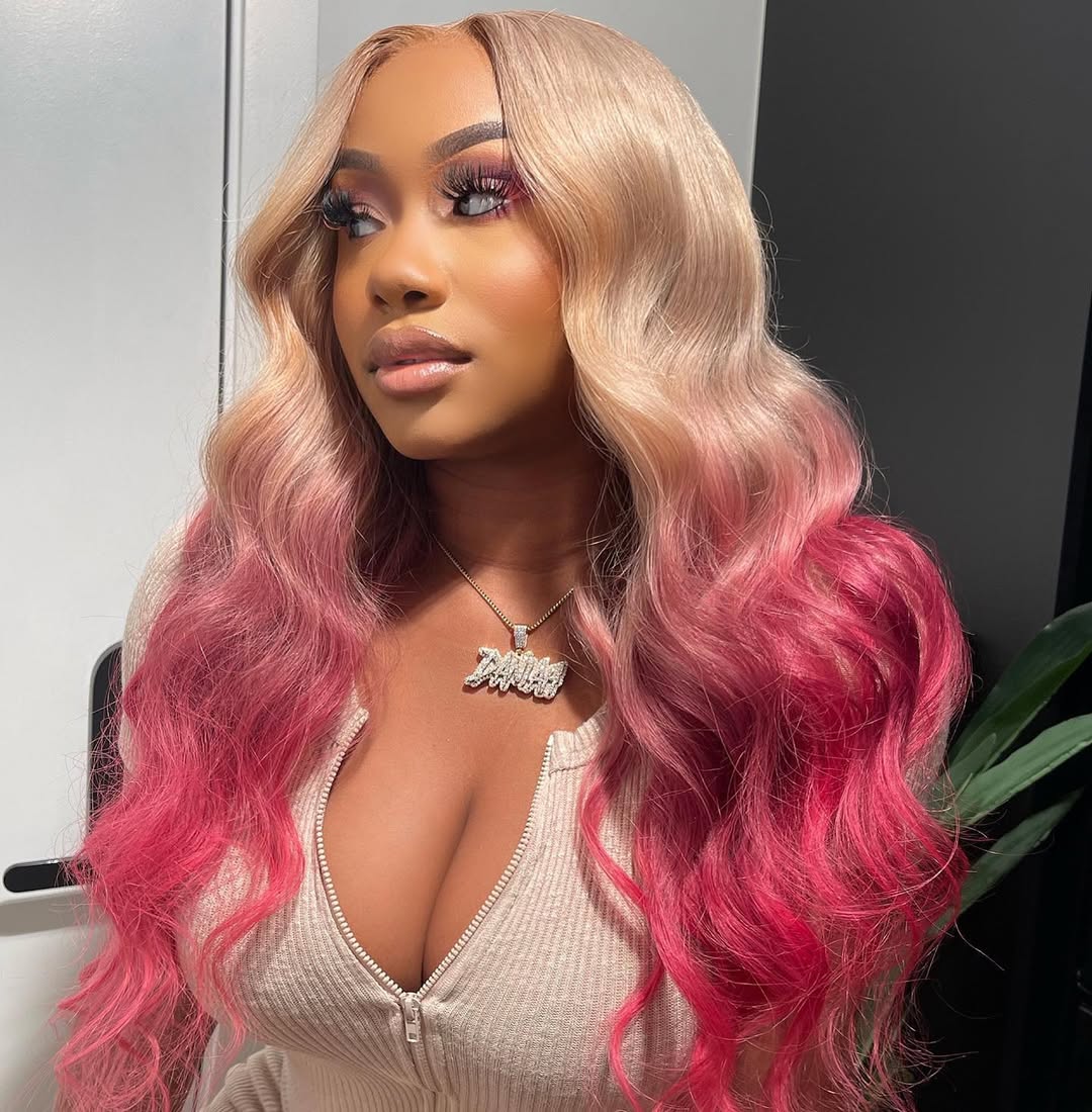 Ombre Platinum Blonde With Rose Pink HD Transparent 13x6 Lace Front Human Hair Wig Body Wave