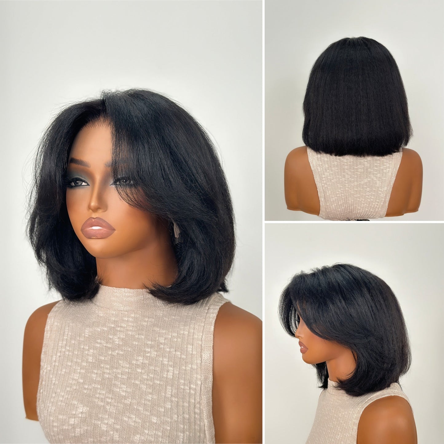 Natural Kinky Straight Layered Blowout 5x5 Bob Lace Wig