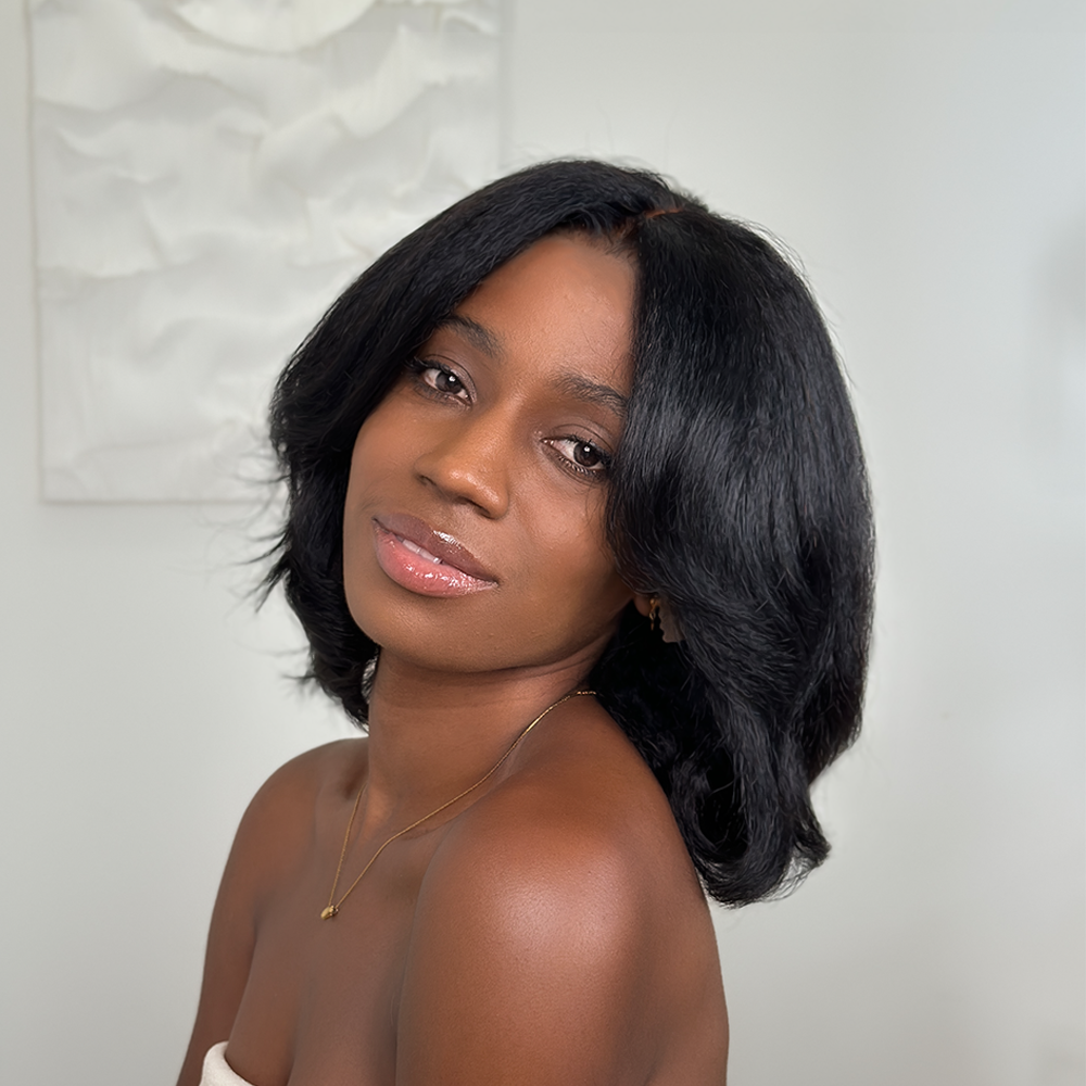 Natural Kinky Straight Layered Blowout 5x5 Bob Lace Wig