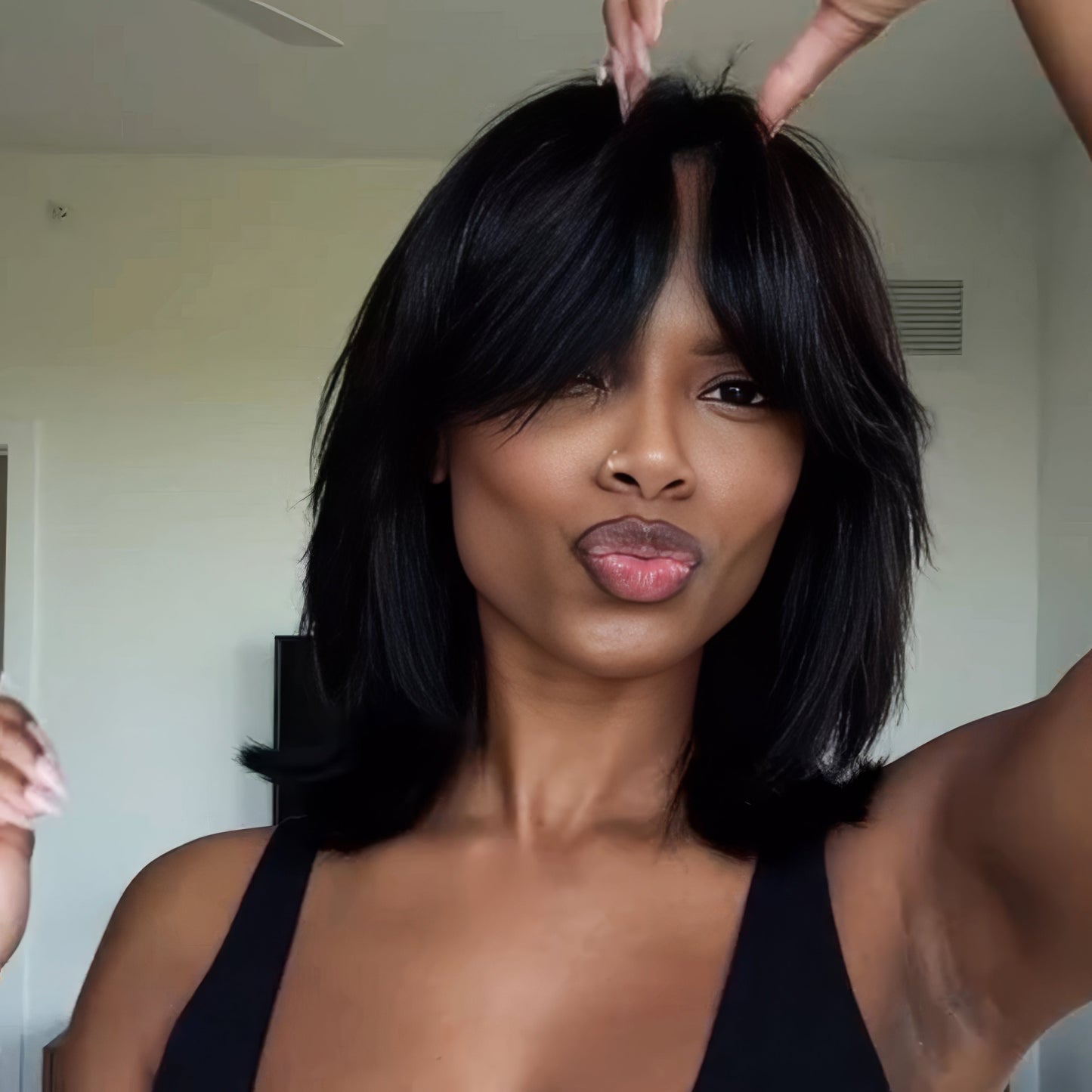 Face-Framing Sleek Swoop Bangs Layered Bob 5x5 Glueless Lace Human Hair Wig