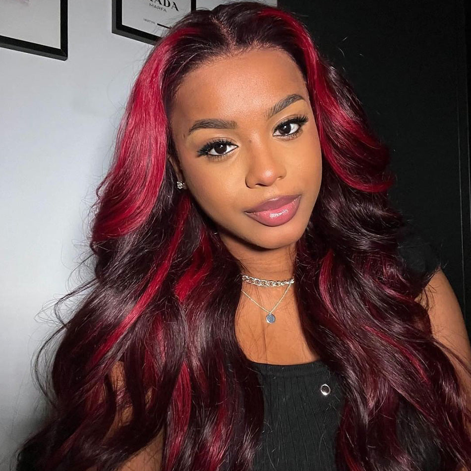 Premium 10A 210% Density Highlight Burgundy With Red Colored 13x6 Lace Front Wig 6x5 Glueless Ready To Go Human Hair Wigs