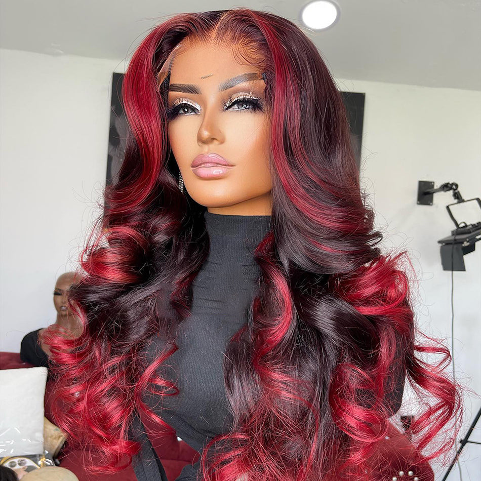 Ombre Red With Black Colored 13x6 Lace Front Closure Wig 5x5 Glueless Ready To Go Human Hair Wigs Body Wave