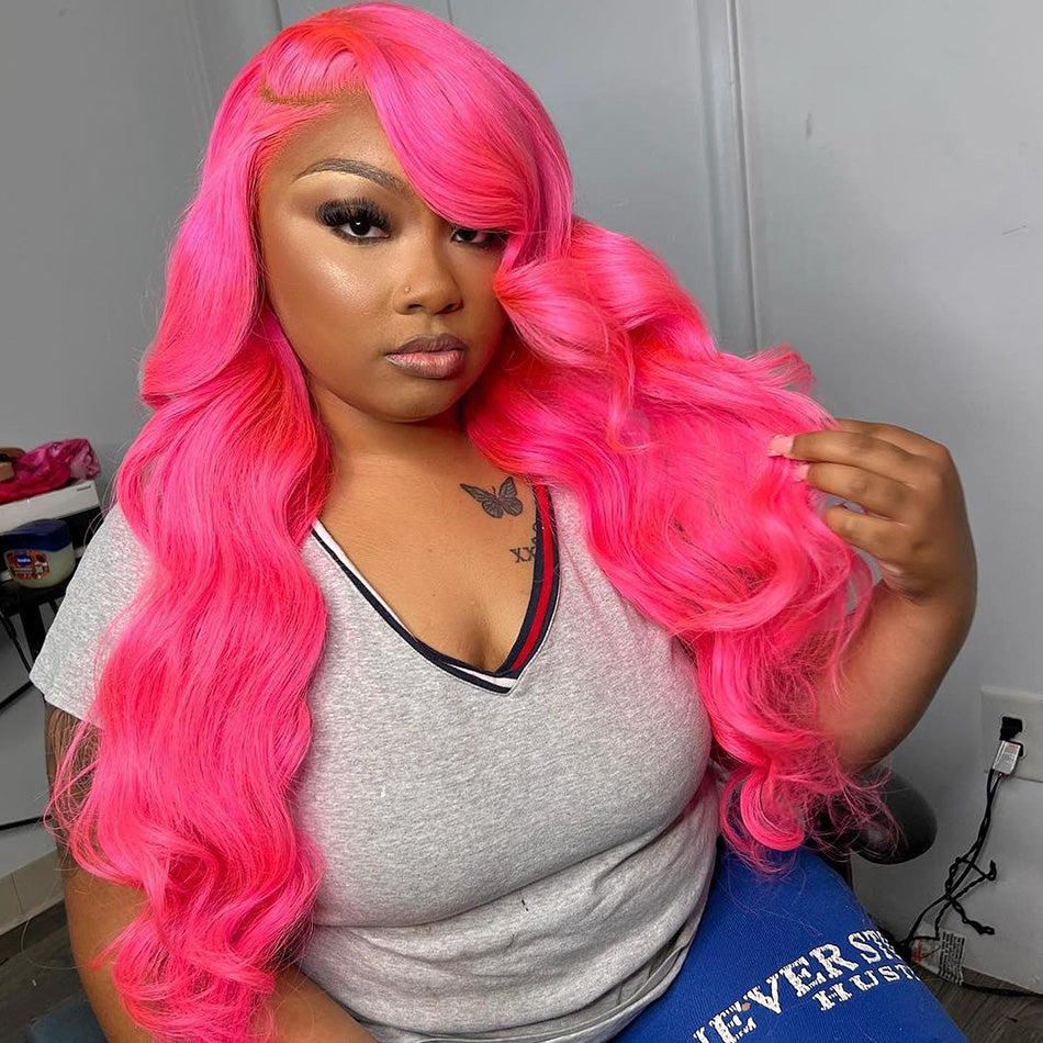 Special Customized Rose Red Colored HD Transparent 13x6 Lace Front Human Hair Wigs