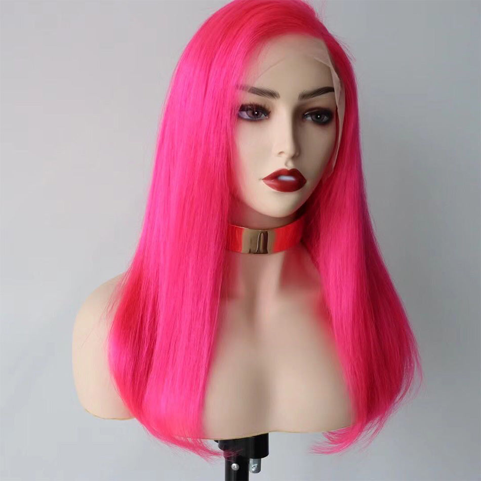 Special Customized Rose Red Colored HD Transparent 13x6 Lace Front Human Hair Wigs