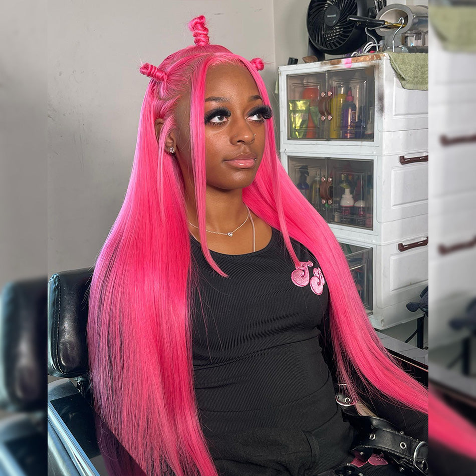 Special Customized Rose Red Colored HD Transparent 13x6 Lace Front Human Hair Wigs