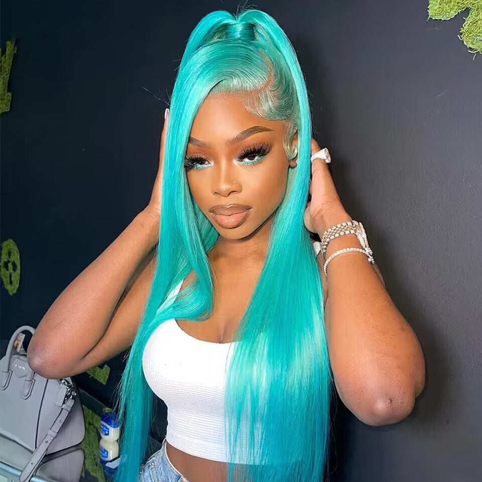 210% Density Customized Mint Blue Colored HD Transparent 13x6 Lace Front Human Hair Wig Brazilian Straight Hair