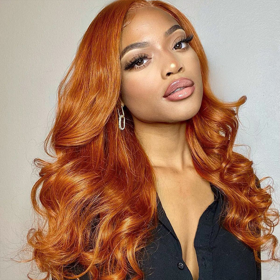 Double Drawn Ginger Orange Colored HD Transparent 13x6 Lace Front Wig 5x5 Glueless Ready To Go Body Wave Human Hair Wig