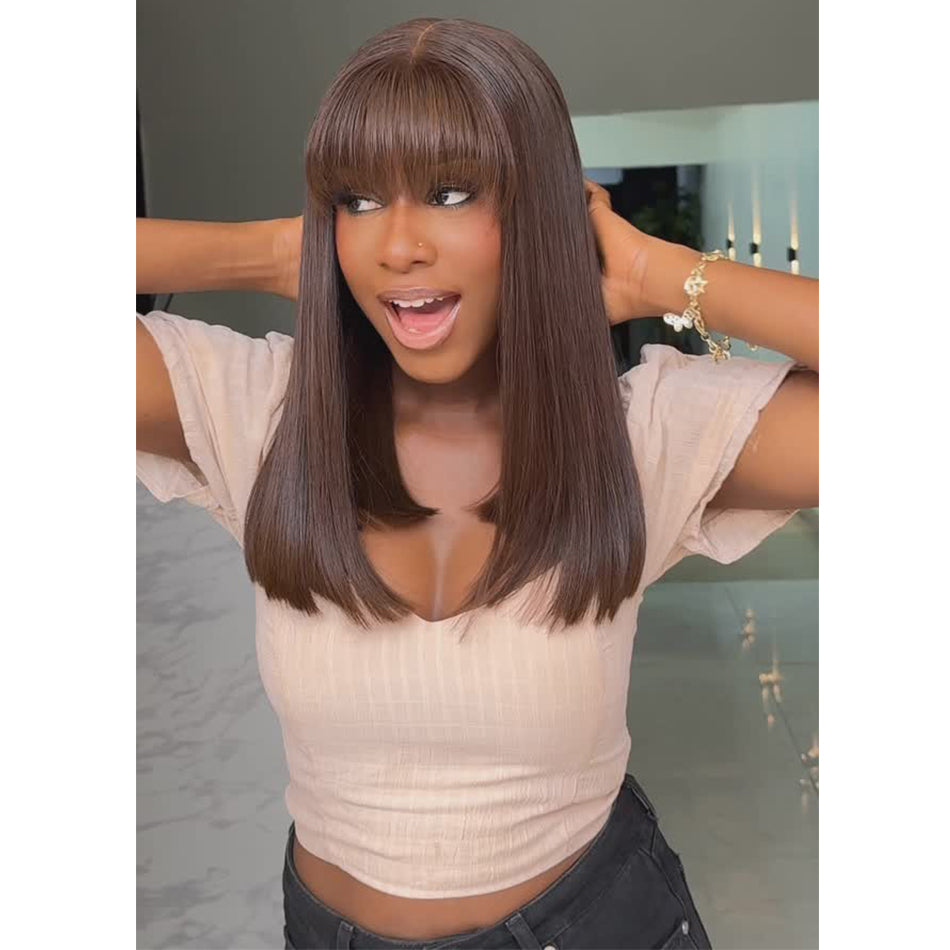 Brown Colored Bob Wigs With Bang Glueless Lace Human Hair Wigs Wear Go