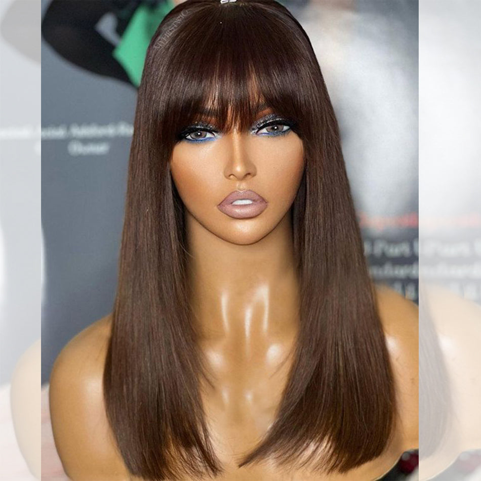 Brown Colored Bob Wigs With Bang Glueless Lace Human Hair Wigs Wear Go