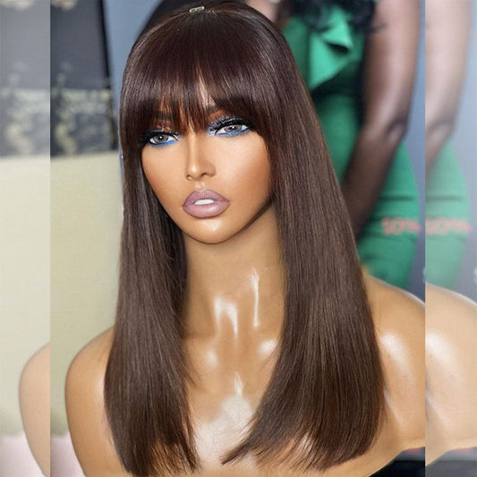 Brown Colored Bob Wigs With Bang Glueless Lace Human Hair Wigs Wear Go