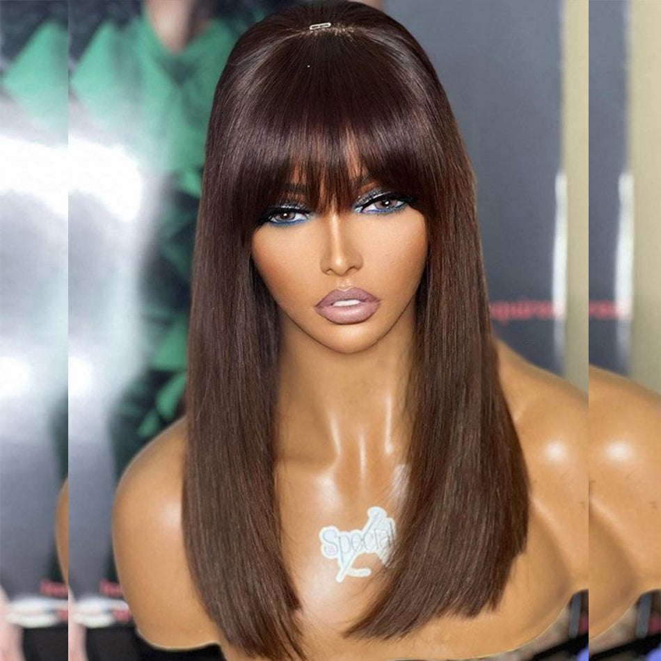 Brown Colored Bob Wigs With Bang Glueless Lace Human Hair Wigs Wear Go