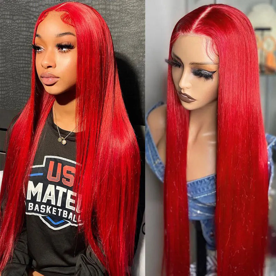 SUPER DEAL !  Red Colored 13x6 Transparent HD Lace Front Human Hair Wigs